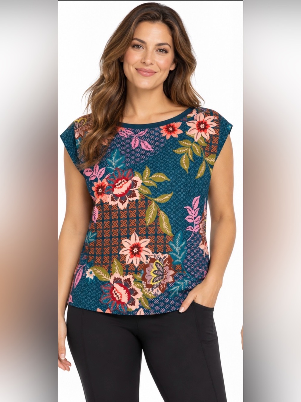 Johnny Was Active Floral Keyhole Back Top Teal Multicolor Size M